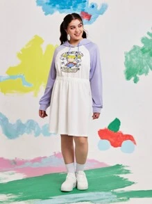 Nick 90s | SHEIN 大码休闲百搭卡通字母印花拼色插肩袖白色连帽连衣裙，女款，秋季 - 彩色 - 查看 3