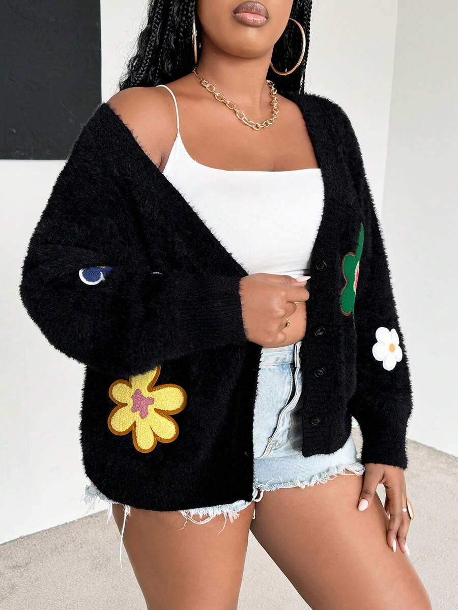 Maweii Plus Size Floral Applique Casual Long Sleeve Fuzzy Cardigan - Black - View 1