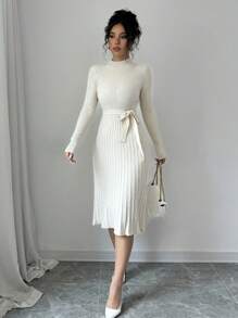 Selianne Elegant Minimalist Solid Color Stand Collar Fitted Sweater Dress, Autumn Fall Winter Cloth For Women - Apricot - View 5