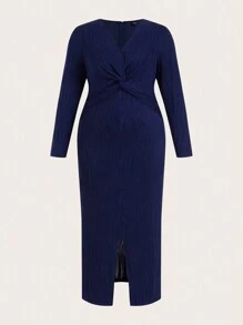Modelyn Plus Size Nữ Xuân Hè Màu Trơn Cổ Chữ V Tay Dài Eo Xoắn Dài Mỏng Phù Hợp Với Đầm Thanh Lịch - Màu xanh hải quân - Xem 5