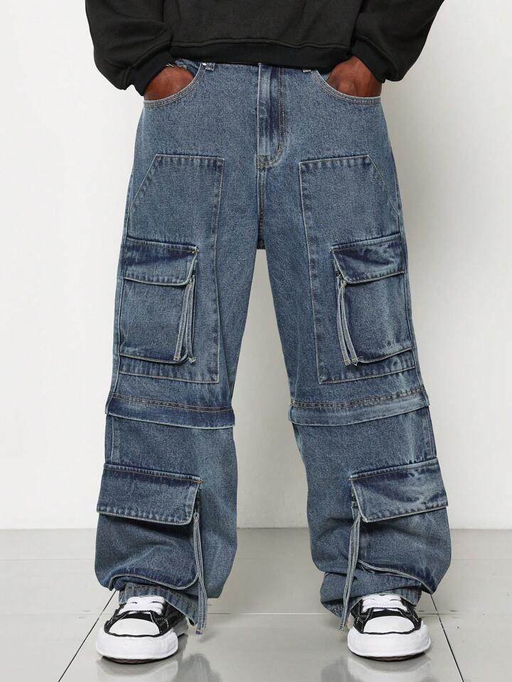 【SATIIIZ】Retin Zipper Cargo Denim Pants Zip Detail Denim Cargo Pants - Washed Black | Manière De Voir