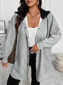 SHEIN LUNE Plus Size Textured  Contrast Hooded Casual Jacket For Outdoor & Home Wear