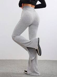 Muchica Pantalones acampanados de cintura alta con abertura, ajustados, de punto acanalado de franela, para mujer, para otoño/invierno - Gris - Ver 2