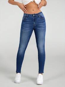 SHEIN EZwear Quần jean ôm vừa vặn cạp thấp thông thường dành cho nữ - Màu xanh lam - Xem 4