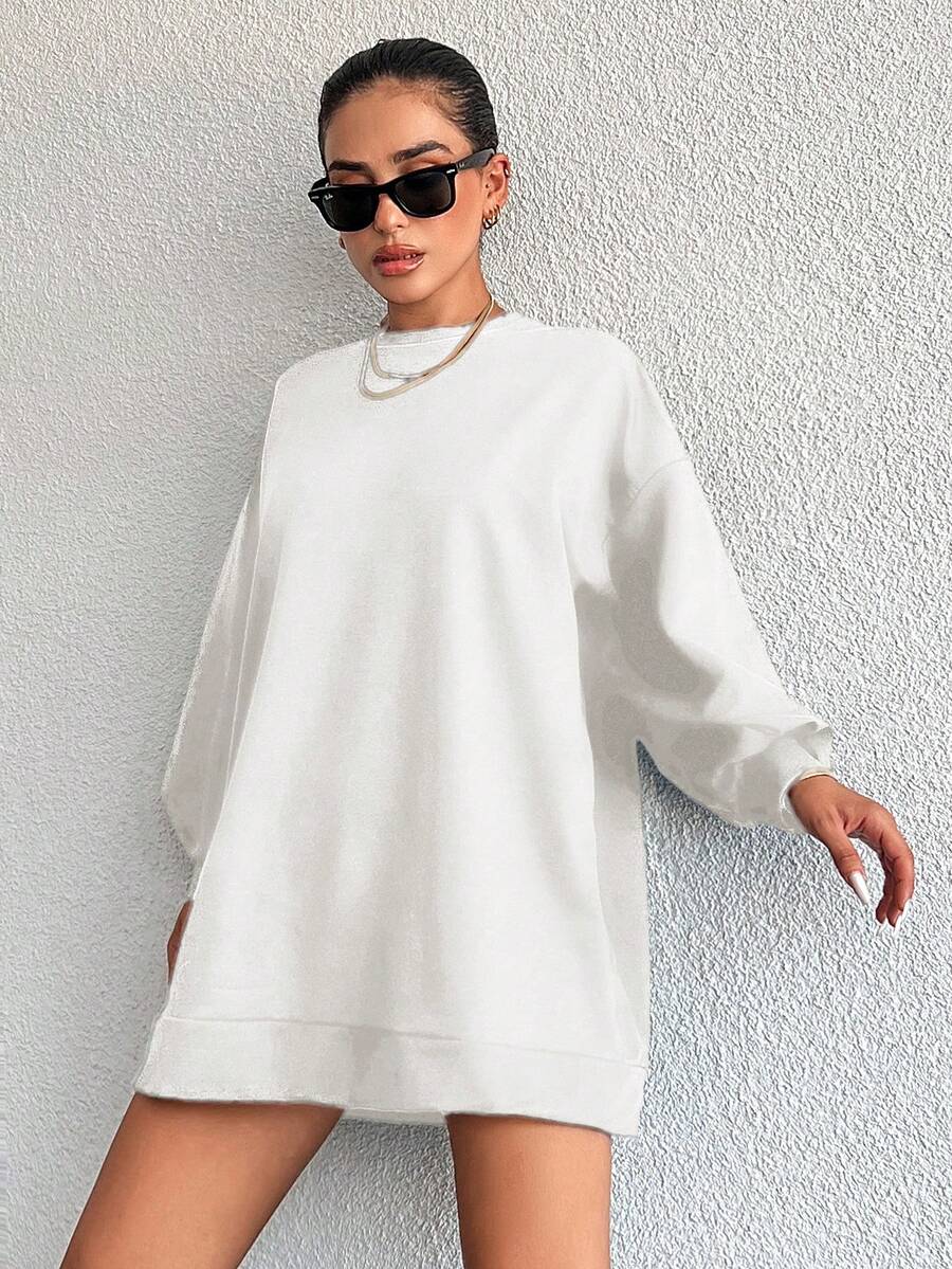 SHEIN Cottnline Women's Solid Color Loose Fit Drop Shoulder Sweatshirt - White - View 1