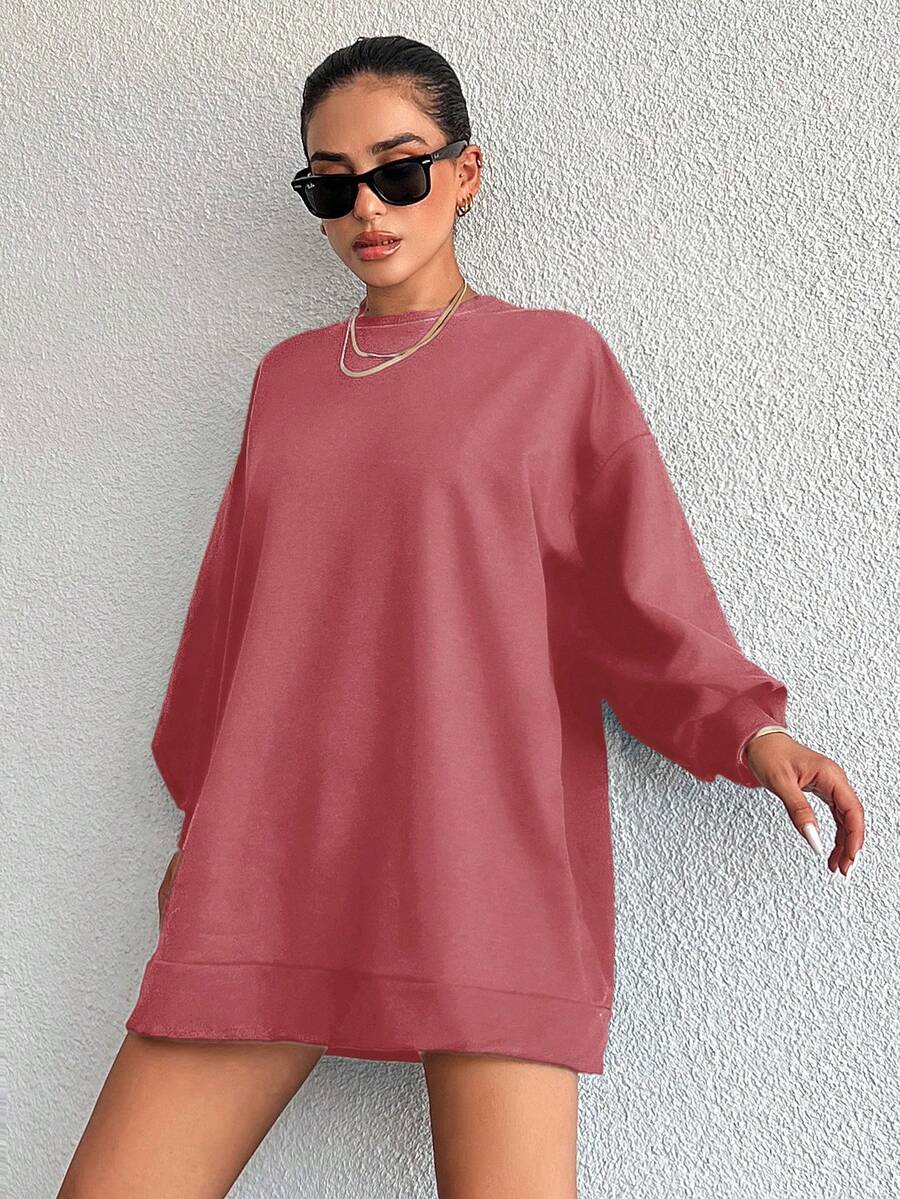 SHEIN Cottnline Women's Solid Color Drop Shoulder Sweatshirt - Rusty Rose - View 1