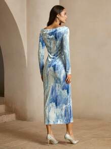 Anewsta Vestido corto ajustado de vacaciones con estampado de teñido anudado y hombros descubiertos sexy