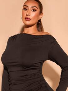 SHEIN BAE Plus Size Autumn Black Asymmetric One-Shoulder Gathered Long-Sleeved Elegant And Sexy Long Dress Suitable For Daily Outings, Dates And Commuting Fall Women Clothes