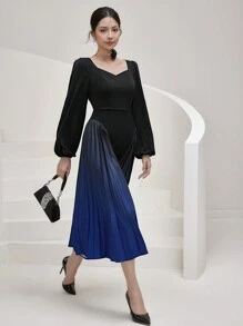 Modelyn Women's Elegant Contrast Color Pleated Sweetheart Neck Long Sleeve Dress Long Evening Dresses - Black - View 4
