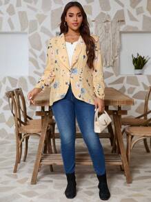 SHEIN LUNE Plus Size Women Floral Print Chiffon Casual Blazer Jacket With Shawl Collar