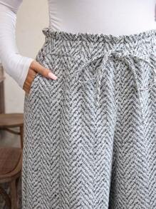 SHEIN LUNE Plus Size Casual Herringbone Wide Leg Pants, Autumn Winter Holiday - Multicolor - View 1