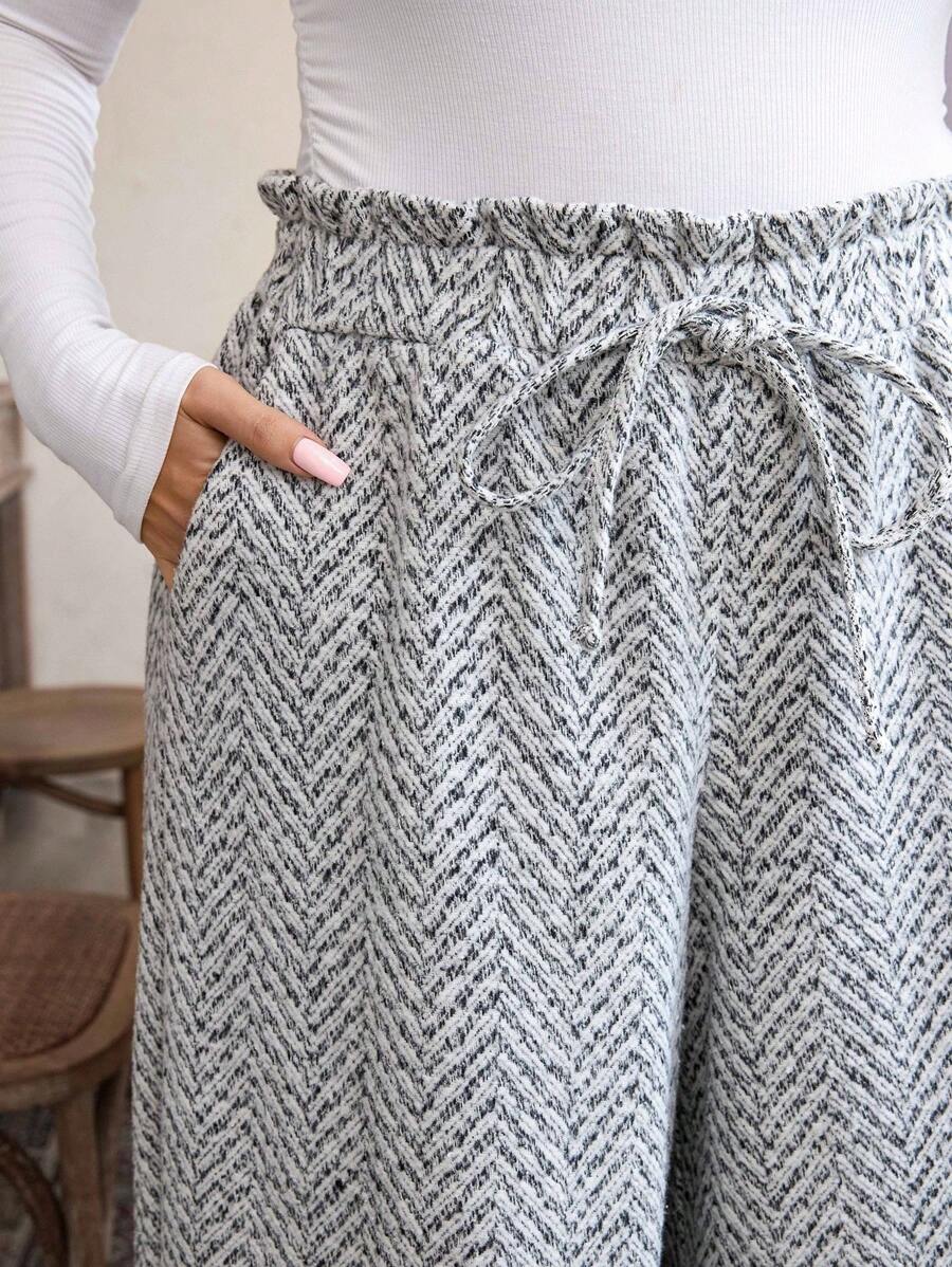 SHEIN LUNE Plus Size Casual Herringbone Wide Leg Pants, Autumn Winter Holiday - Multicolor - View 1