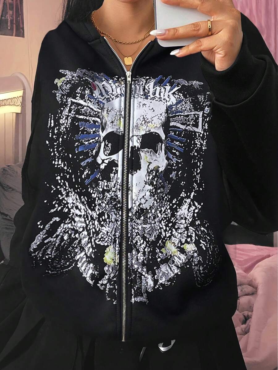 SHEIN Unity 女士前拉链长袖骷髅印花休闲连帽运动衫 - 黑色 - 查看 1