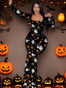 Slaydiva Đầm dài tay cổ vuông in hình ma, bí ngô, nhện cho nữ Halloween, trang phục phù hợp cho mùa thu và đông - Nhiều màu - Xem 1