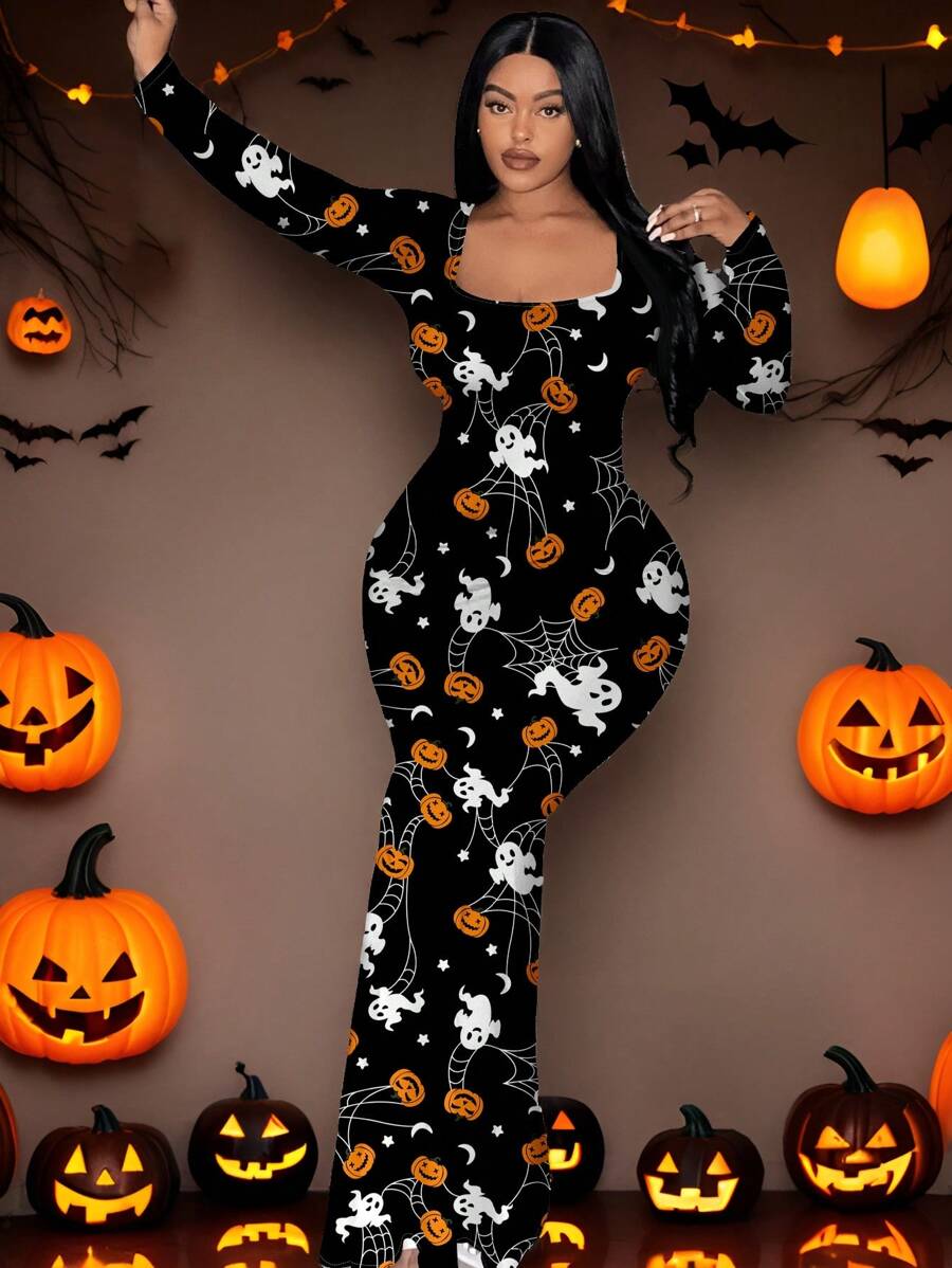 Slaydiva Đầm dài tay cổ vuông in hình ma, bí ngô, nhện cho nữ Halloween, trang phục phù hợp cho mùa thu và đông - Nhiều màu - Xem 1