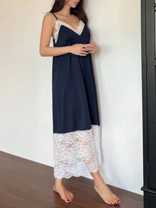 DAZY Váy suông satin và ren thanh lịch dành cho nữ - Xanh đậm - Xem 4