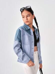 SHEIN Jaqueta jeans solta com contraste de cores e estilo de rua para meninas adolescentes