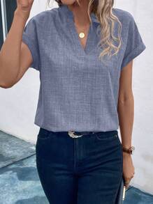 SHEIN LUNE Women's Solid Color V-Neck Batwing Short Sleeve Casual Loose Blouse, Summer - Blue - View 3
