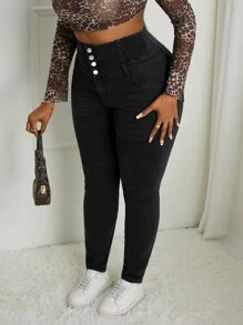 SHEIN SXY Plus Size Casual Distressed High Waisted Slim Fit Jeans - Black - View 1