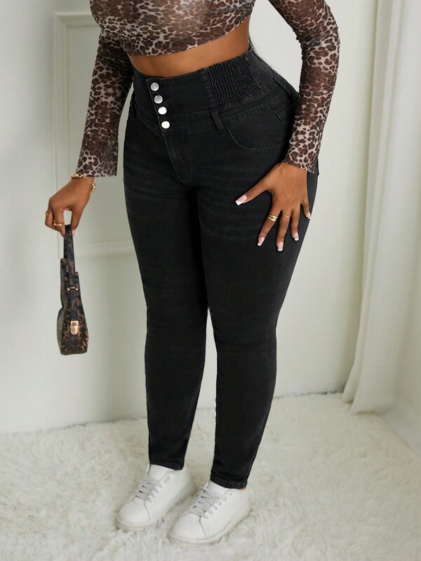 SHEIN SXY Plus Size Casual Distressed High Waisted Slim Fit Jeans