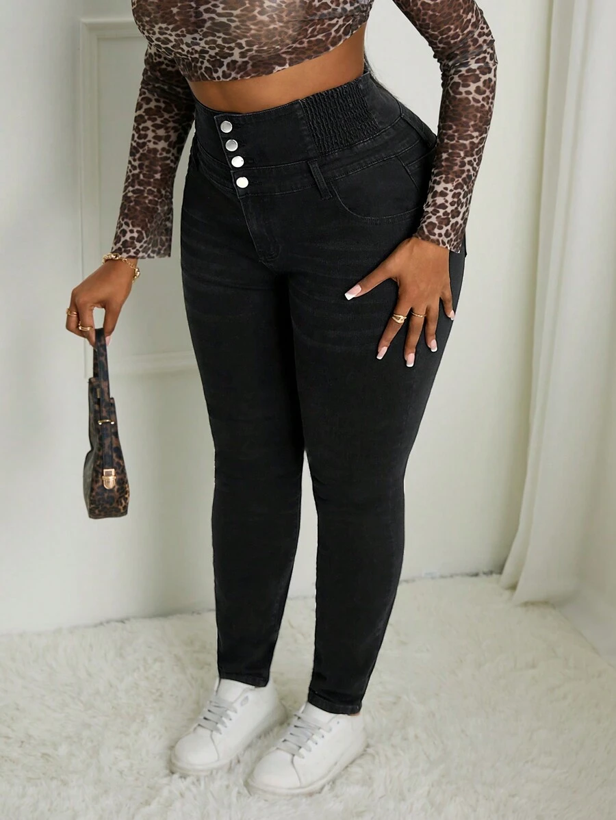 SHEIN SXY Plus Size Casual Distressed High Waisted Slim Fit Jeans - Black - View 1