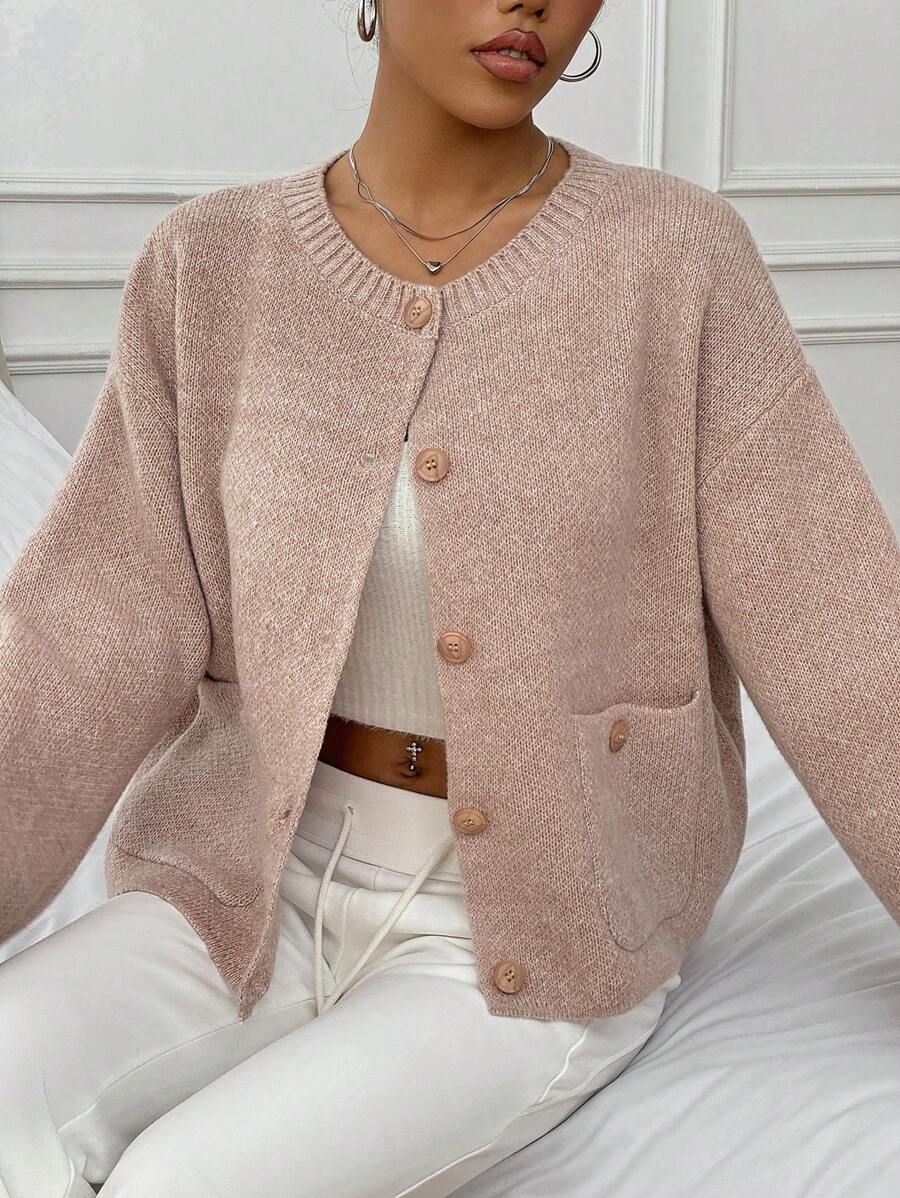 SHEIN Unity Women's Solid Color Front Button With Pocket Elegant Long Sleeve Cardigan - Khaki - View 1