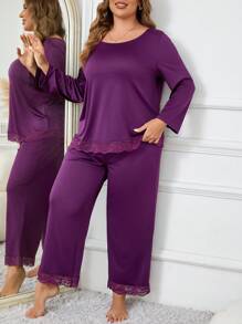 大码蕾丝拼布长袖睡衣套装