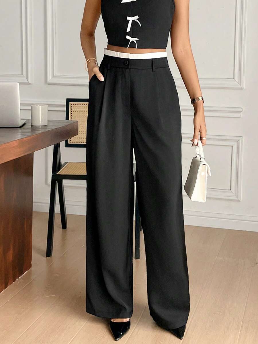 SHEIN Frenchy Quần cạp chun màu tương phản thường ngày dành cho nữ - Xám - Xem 1