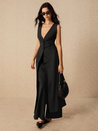 Poéselle 女士纯色简约日常装无袖上衣带口袋女式上衣长款无袖上衣商务休闲外出上衣办公室装夏秋季