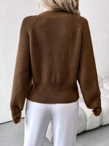 SHEIN Clasi 女士棕色 2 合 1 拼布 V 领纽扣毛衣夹克 - 棕色 - 查看 3