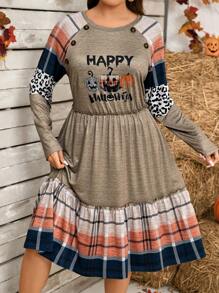 Plus Size Women's Spring Autumn Halloween Slogan Plaid Print Lantern Sleeve Casual Dress Fall Cloth For Women - Multicolor - View 4
