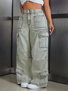 SHEIN ICON Plus Size Washed Wide-Leg Cargo Denim Boyfriend Jeans - Green - View 1