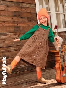 SHEIN 1 件年轻女孩可爱/复古/休闲/返校格子运动衫和吊带裙两件套服装，适合学校和户外玩耍，春/秋/冬 - 彩色 - 查看 1