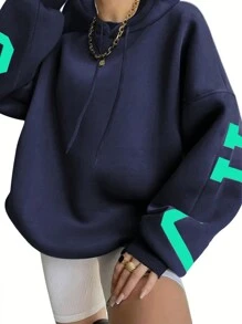 INAWLY 女式字母印花落肩宽松休闲连帽衫，秋冬，长袖上衣