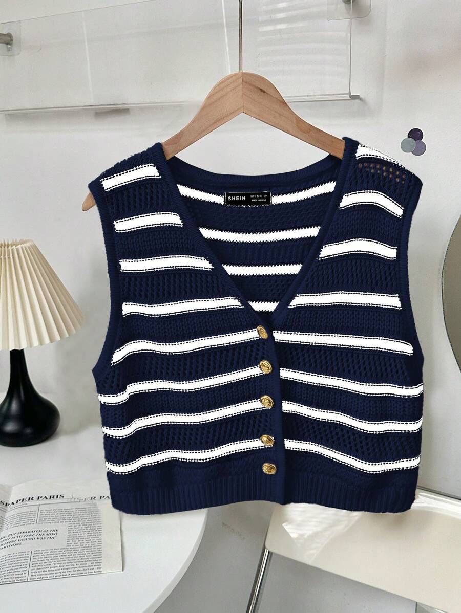 SHEIN Unity 女式前扣无袖条纹简约休闲背心 - 寶藍色 - 查看 1