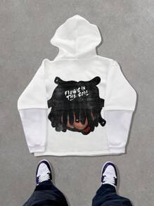 PAVTROS 男士年轻街头风格“Ins”白色二合一连帽衫，趣味街头风格，带有超大卡通印花、正面和背面超大图案印花、超大运动衫、动漫人物