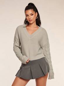 Glamine Suéter casual de unicolor de manga larga con cuello en V para mujer