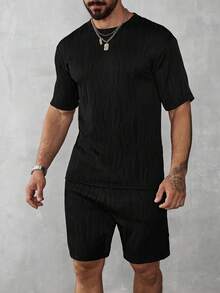 Manfinity Homme 2 件装男士纯色圆领短袖 T 恤和口袋短裤休闲套装 - 黑色 - 查看 4