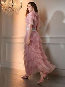 The Great Gatsby x MOTF 多臂织网眼层叠荷叶边饰对比腰部连衣裙 - 藕粉色 - 查看 5