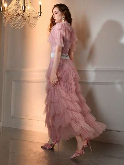 The Great Gatsby x MOTF DOBBY MESH LAYERED RUFFLE TRIM CONTRAST WAIST DRESS