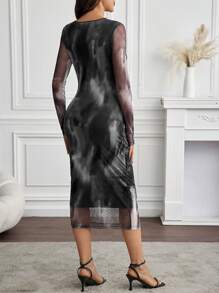 SHEIN 孕妇优雅扎染修身长袖连衣裙，修身连衣裙，秋季，孕妇装