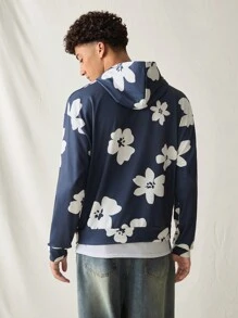 Mainfolk 男士时尚日常休闲花卉图案针织长袖连帽衫，秋冬 - 藍色 - 查看 2