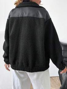 EURMUSE Buckle Quality, Faux Leather Trim Detailed Zip Through Coat - Black - View 2