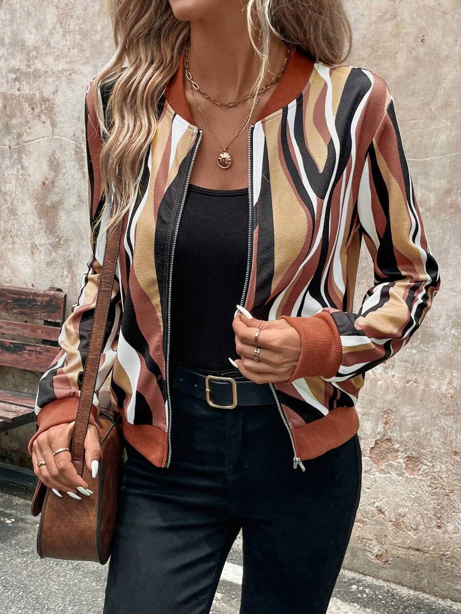 EMERY ROSE 女式几何印花立领拉链休闲/通勤优雅保暖棒球夹克，秋冬 - 彩色 - 查看 1