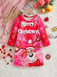 SHEIN Vestido de manga larga con cuello redondo con estampado de copos de nieve y renos, estilo europeo para niña joven, primavera otoño