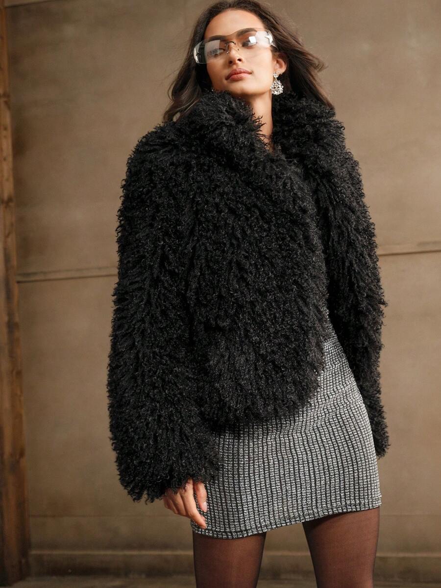 Anewsta Short Fashionable Stand Collar Fluffy Lamb Wool Jacket - Black - View 1