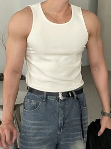 DAZY Men Solid Round Neck Sleeveless Casual Top, Fall - White - View 5