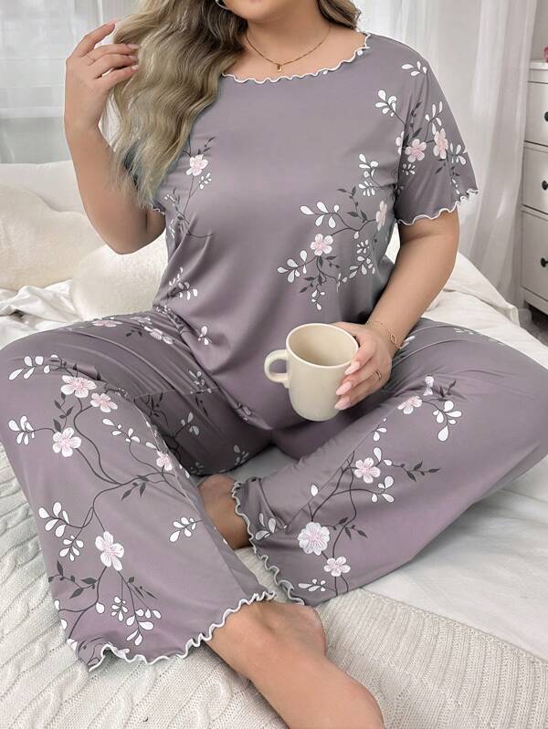 Floral Print Bow Decor Short Sleeve & Long Pants Plus Size Pajama Set