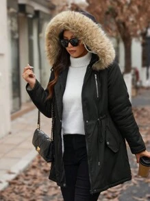 Calvaya Manteau matelassé casual à capuche à cordon de serrage en patchwork avec fausse fourrure pour femmes grandes tailles