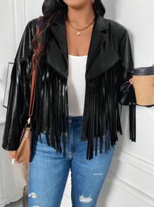 SHEIN LUNE Plus Size Plain Color Fringe Hem Zipper Long Sleeve Jacket, For Winter Fall Autumn - Black - View 2